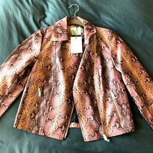 Pink and black leopard print faux leather jacket